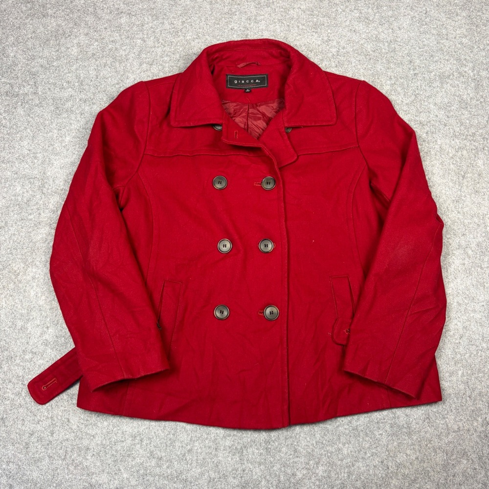 Giacca Red Double Breasted Pea Coat Jacket Womens XL Pleated Back Outerwear